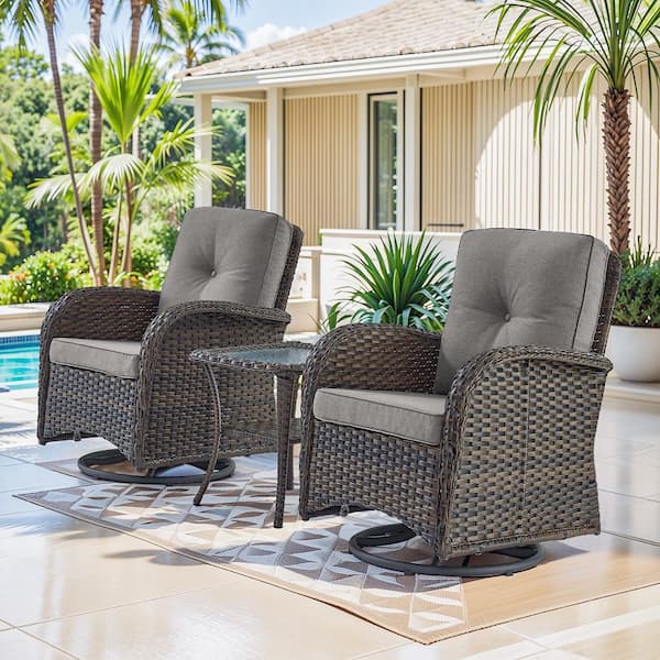 Rotavia 3-Piece Brown Wicker Patio Conversation Set with Olefin Gray Cushions Outdoor Swivel Glider with Side Table