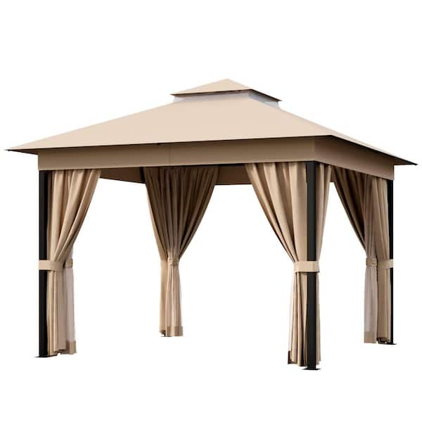 10 ft. x 10 ft. Khaki Outdoor Steel Frame Gazebo with Mosquito Netting