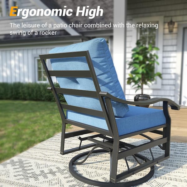 3-Piece Metal Swivel Outdoor Patio Rocking Chair Bistro Conversation Set with Blue Cushions, Side Table, Garden, Yard