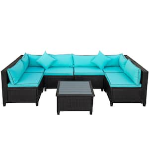 7-Piece Wicker Patio U-Shape Conversation Sectional Seating Set with Blue Cushions, Pillows
