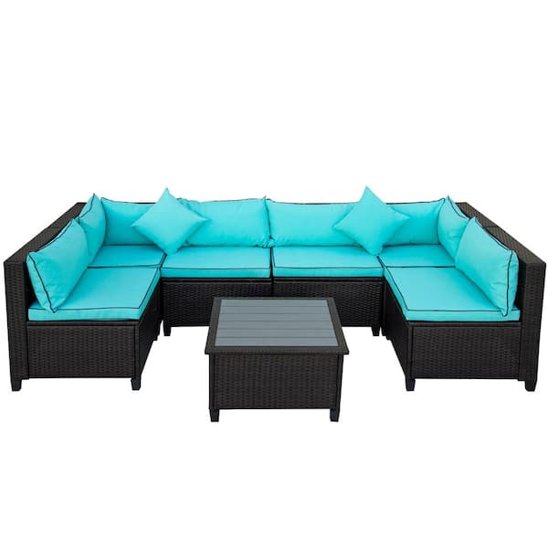 Willit 7-Piece Wicker Patio U-Shape Conversation Sectional Seating Set with Blue Cushions, Pillows