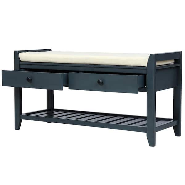 Entryway Blue Storage Bench with Cushioned Seat, Drawers and Shoe Rack 19.8 in. H x 39 in. W x 14 in. D