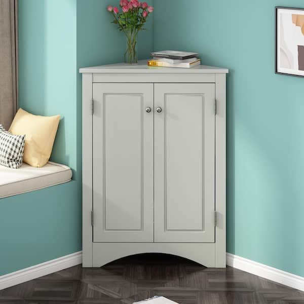 Gray Triangle Accent Cabinet with Adjustable Shelves Floor Storage Corner Cabinet for Bathroom Home Office Kitchen