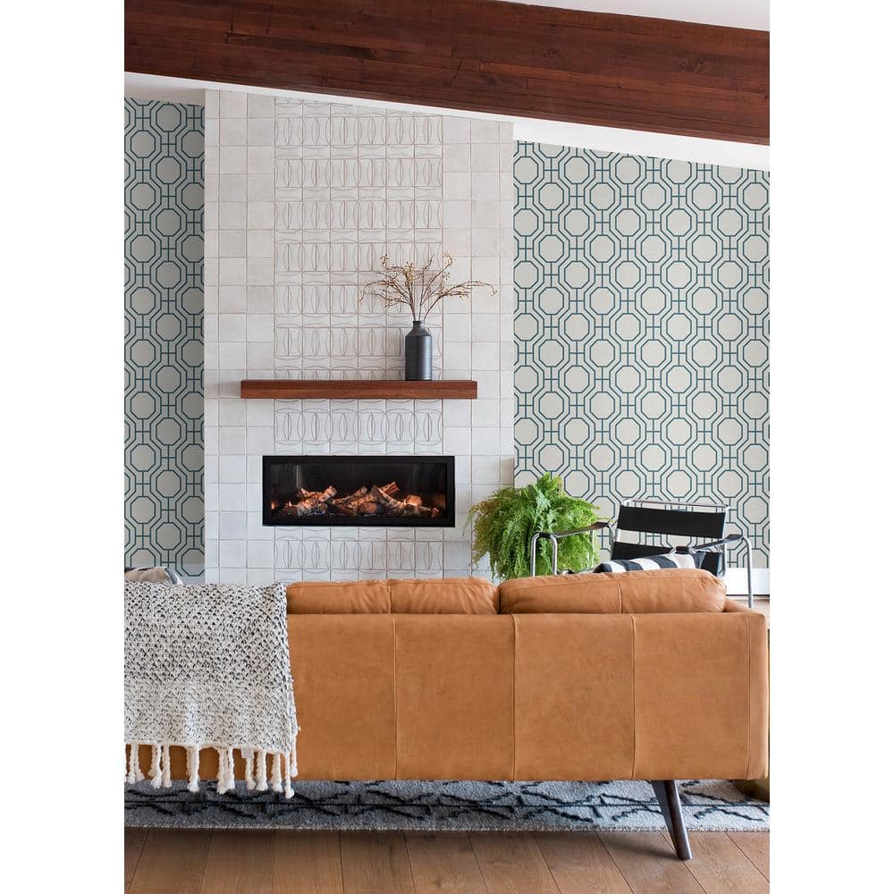 Blue Geometric Trellis Non-Pasted Grasscloth Wallpaper