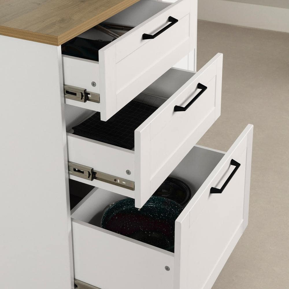 White and Maple Nutmeg Compact Kitchen Island with 3 Drawers