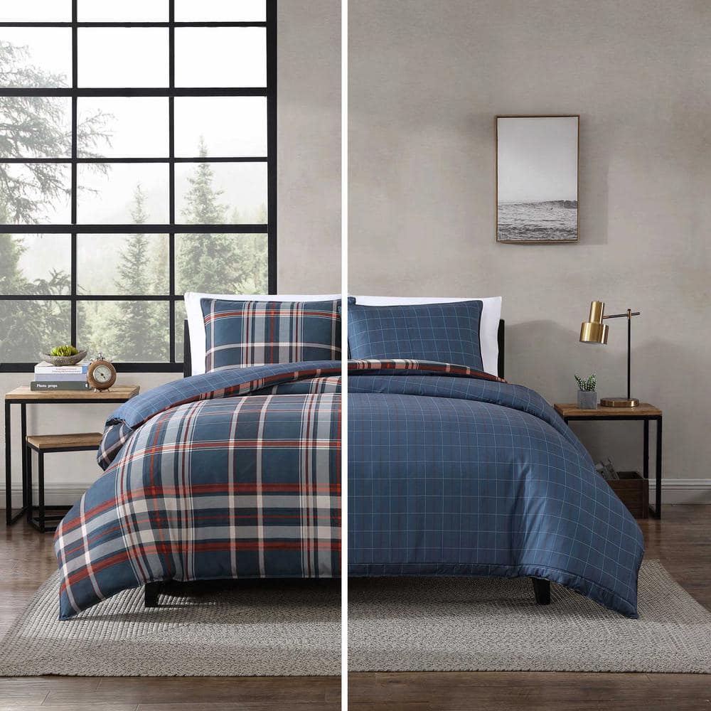 Navy Blue Plaid Microfiber Full/Queen Duvet Cover Set