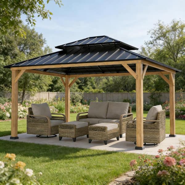 15 ft. W x 13 ft. D Metal Hardtop Gazebo w/ Cedar Wood Frame Galvanized Steel Top Double Roof Ceiling Hook for Outdoor