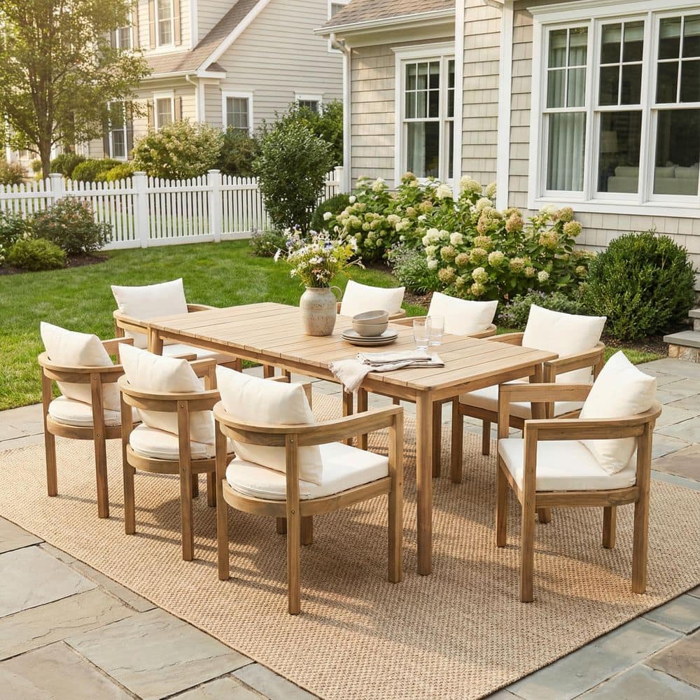 Oiled Teak Finish 9-Piece Solid Acacia Wood Outdoor Dining Set with Beige Cushions