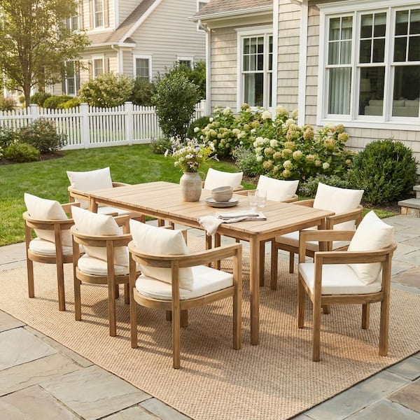 Oiled Teak Finish 9-Piece Solid Acacia Wood Outdoor Dining Set with Beige Cushions