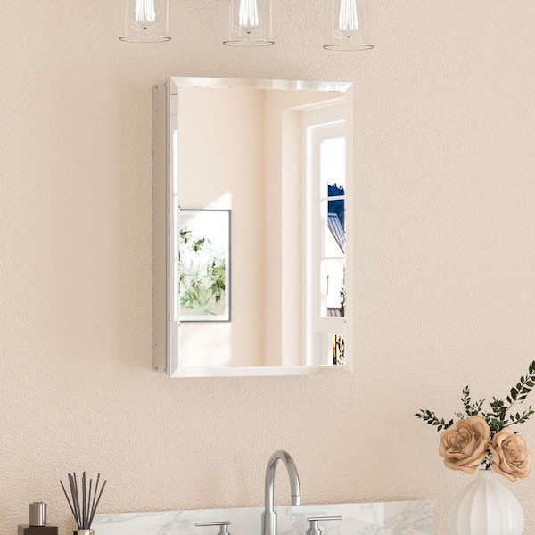 16 in. W x 24 in. H Rectangular Beveled Frameless Metal Silver Surface Mount/Recessed Medicine Cabinet with Mirror