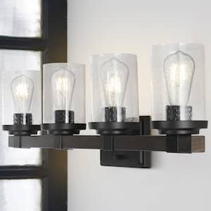 Bungalow 32 in. 4-Light Oil Rubbed Bronze Iron/Seeded Glass Rustic Farmhouse LED Vanity Light