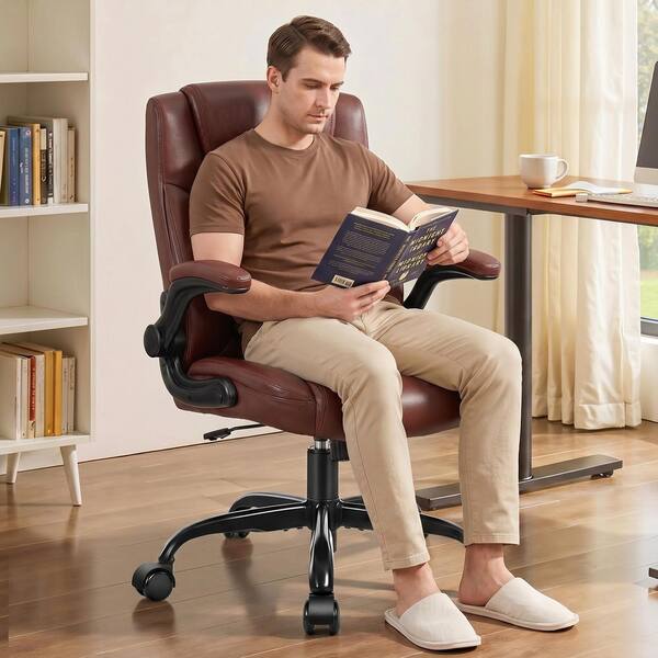 KERDOM Leather Cushioned Ergonomic Chair in Brown with Adjustable
