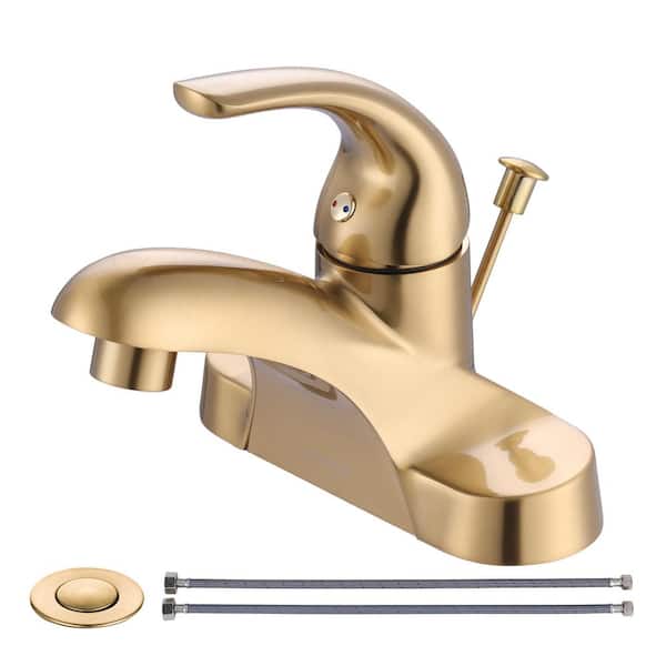 WOWOW 4 in. Centerset Single Handle Low Arc Bathroom Faucet with Drain Kit Included in Gold