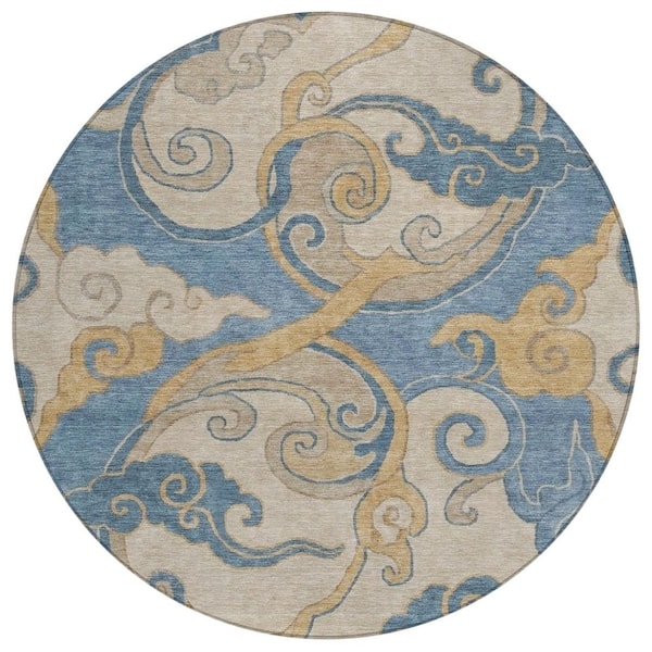 Chantille Machine Washable Indoor/Outdoor Abstract ACN3034 Denim 8 ft. x 8 ft. Round Rug