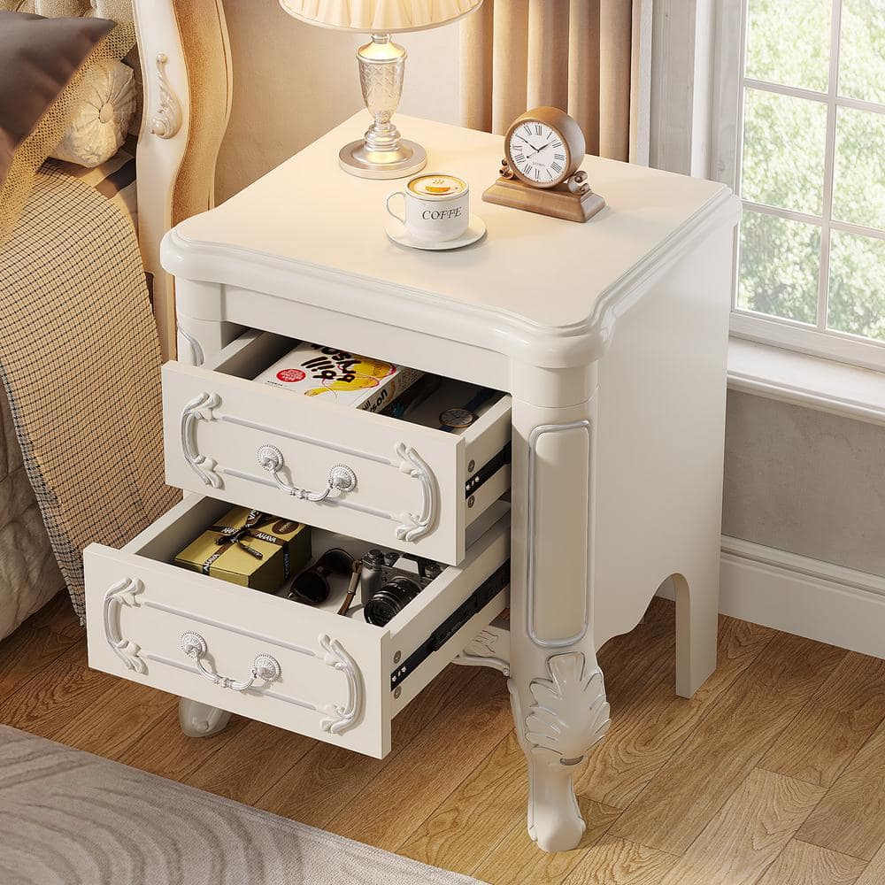 Cream White Carved Wood Nightstand with Silver Accents and 2 Drawers