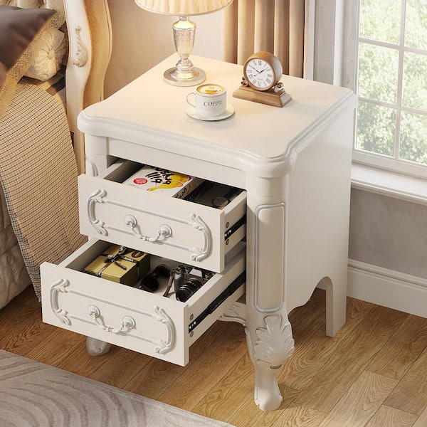 White 2 Drawers 20.08 in. W Nightstand, End Table Carved Bedside Tables for Bedroom, Living Room - Thumbnail 2