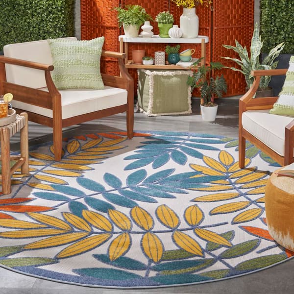 Aloha Ivory/Multi 8 ft. x 8 ft. Round Floral Contemporary Indoor/Outdoor Patio Area Rug