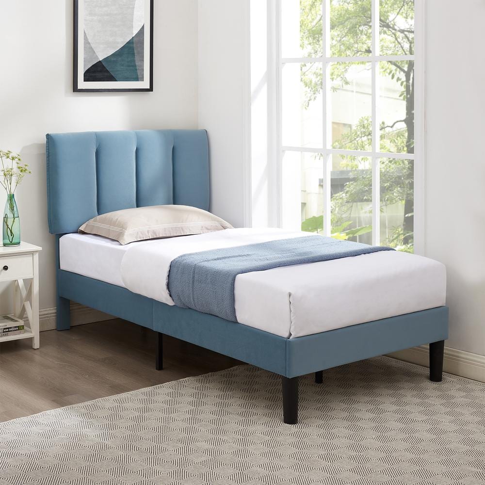 VECELO Upholstered Bed Frame, Blue Metal Frame Twin Platform Bed with Adjustable Headboard, Wood Slat, No Box Spring Needed