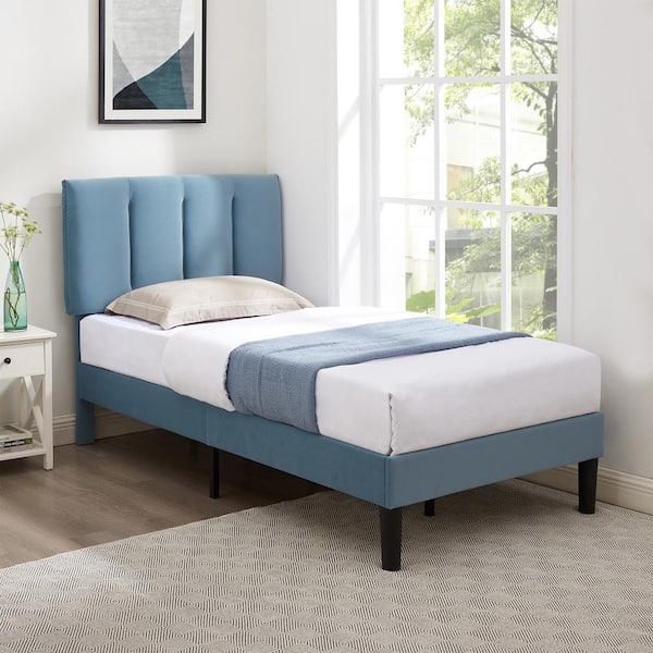 VECELO Upholstered Bed Frame, Blue Metal Frame Twin Platform Bed with Adjustable Headboard, Wood Slat, No Box Spring Needed