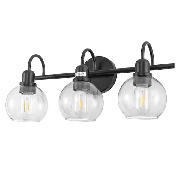YANSUN 20 in. 3-Light Matte Black Vanity Light with Clear Glass Globes for Modern and Industrial Bathroom