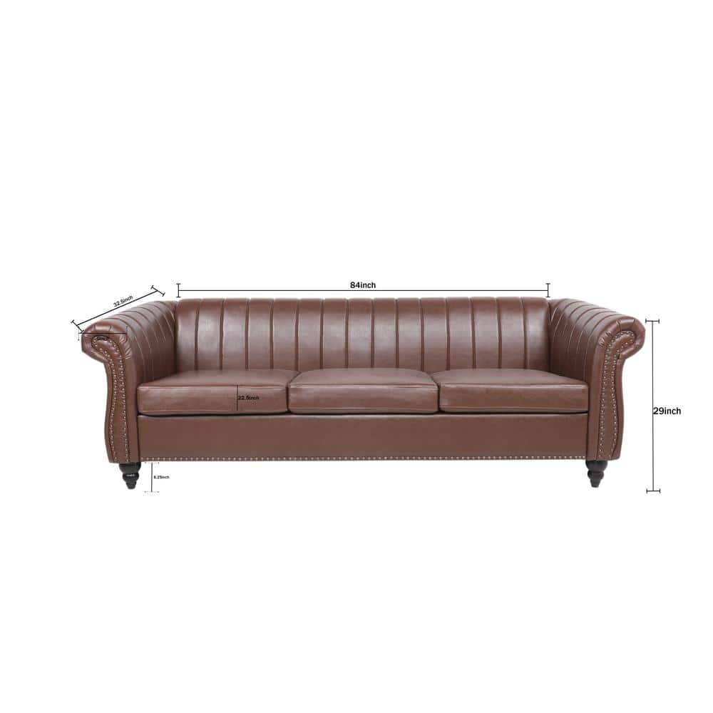 84 in. W 3-Seat Modern Rolled Arm Faux Leather Straight Tufted Sofa in Dark Brown
