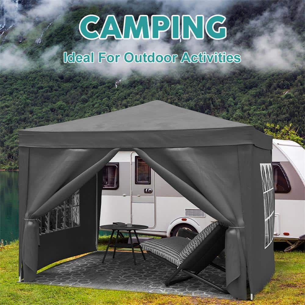 10 ft x 10 ft Black Waterproof Folding Canopy Tent with Sidewalls and Carry Bag