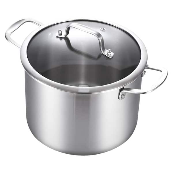 Tri-Ply Stainless Steel Stock Pot 8 qt. Silver Induction Compatible with Glass Lid for Cooking, Soups, Pasta