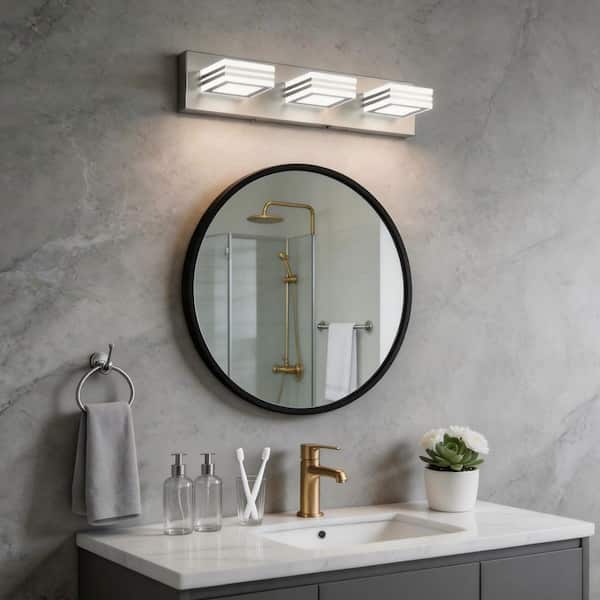 19.7 in. 3-Light Nickel Bathroom LED Vanity Light with Dimmable 5500K Light
