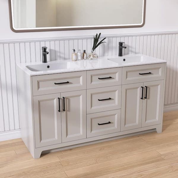 Getpro 60 in. W x 21.5 in. D x 34.1 in. H Light Grey Freestanding Bath Vanity Cabinet and Solid Surface Top with Double Sink