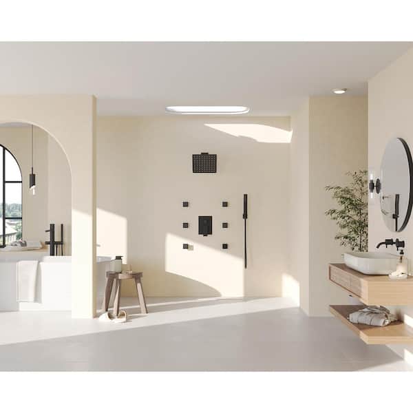10 in. 3-Spray Square Wall Bar Shower Kit with Hand Shower, 6-Body Jets in Matte Black (Valve Included)