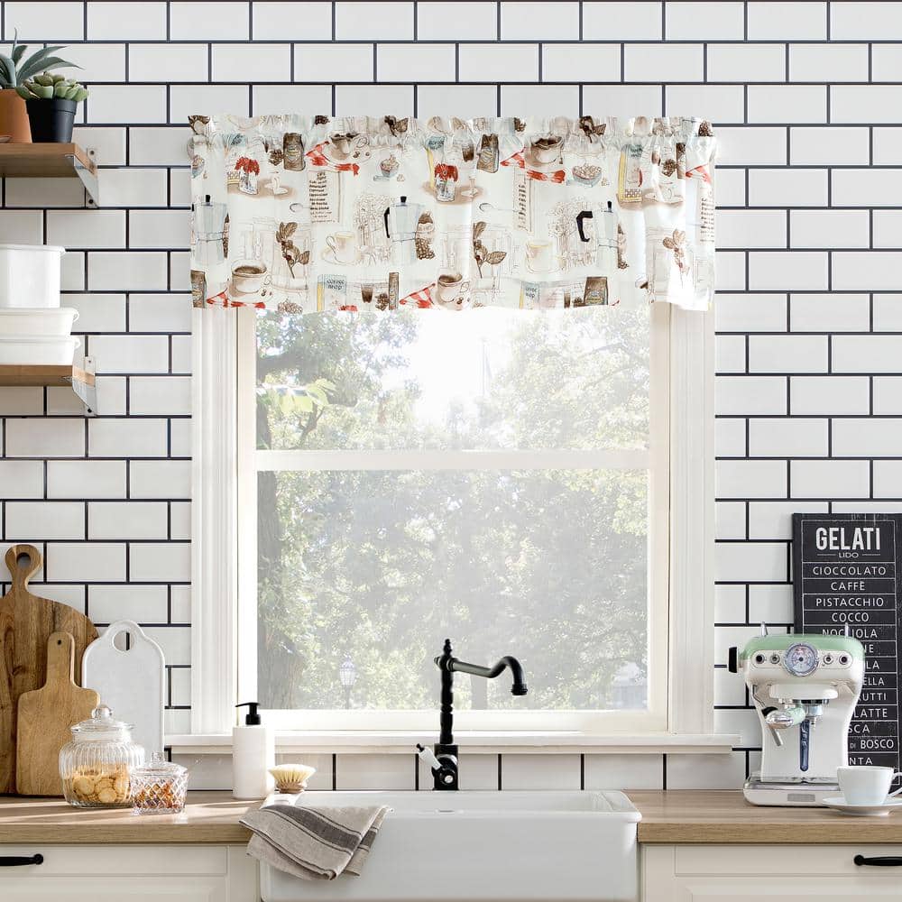 White Coffee Shop Themed Sheer Polyester Kitchen Curtain Set