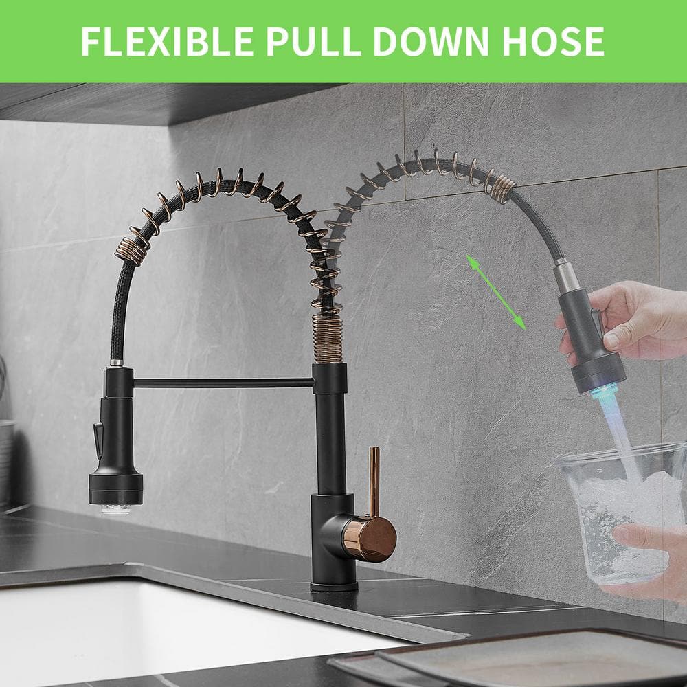 Matte Black and Rose Gold Pull Down Kitchen Faucet with LED Light