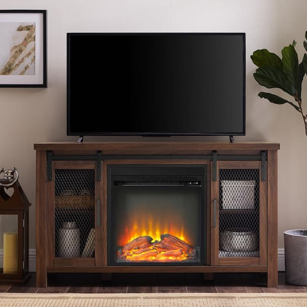 Walker Edison Furniture Company 48 in. Dark Walnut Composite TV Stand 52 in. with Electric Fireplace