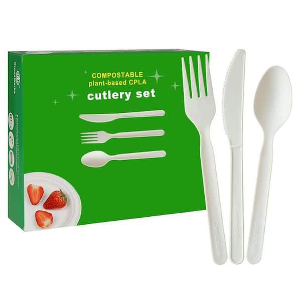 150 Count 7 in. Heavy-Duty Compostable Utensils, 50 Forks 50 Spoons 50 Knives
