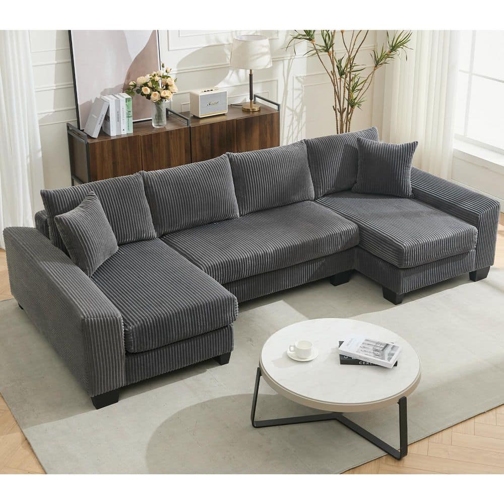 Jorrel Modern 114 in. Corduroy Upholstered U-Shaped Sectional Sofa in Dark Gray, 2 in 1 Pull-out Sofa Bed with Pillows