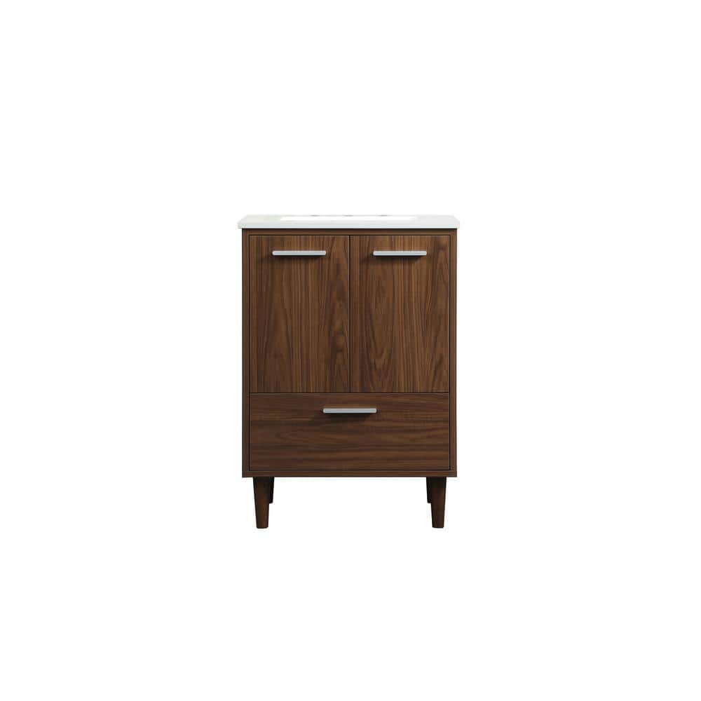 Timeless Home 24 in. W Single Bath Vanity in Walnut with Quartz Vanity Top in Ivory with White Basin, Brown