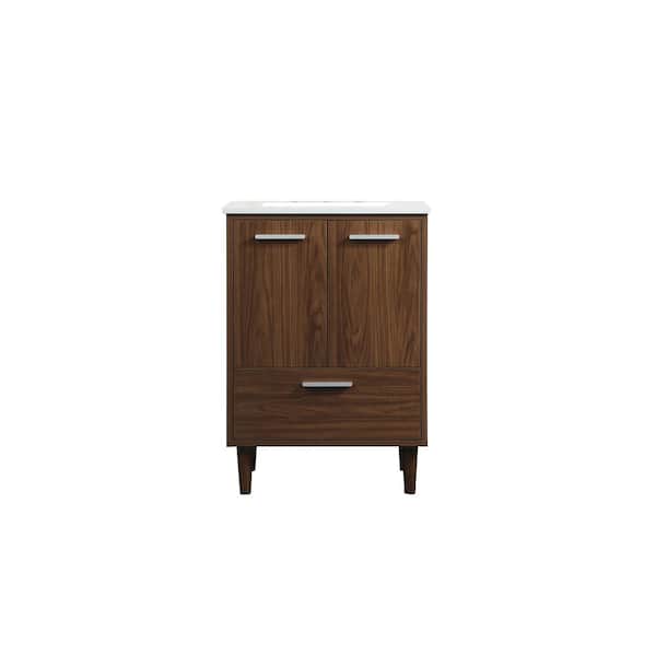 Unbranded Timeless Home 24 in. W Single Bath Vanity in Walnut with Engineered Stone Vanity Top in Ivory with White Basin