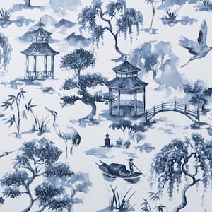 Blue Oriental Scene Peel and Stick Vinyl Wallpaper