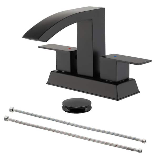 4 in. Centerset Double Handle Bathroom Faucet with Drain Kit Included, Bathroom Faucet with 1.2 GPM in Matte Black