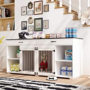 Wooden Large Dog Crate Storage Cabinet, Heavy Duty Dog Kennel with 2 Drawers and Storage Shelffor Large Medium Dog,White