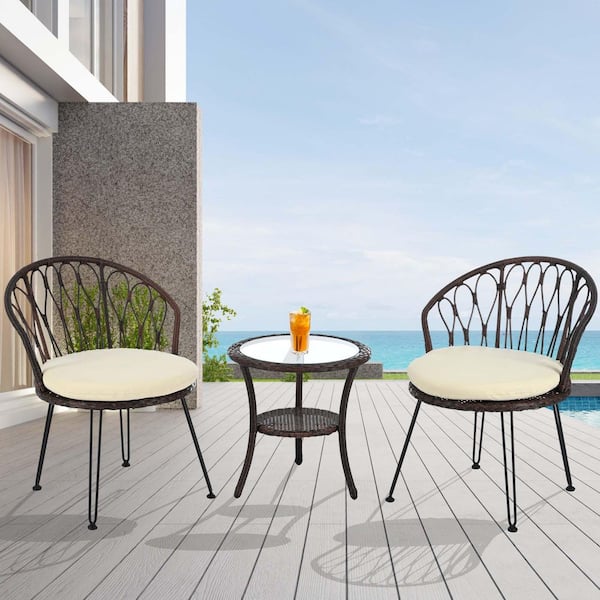 3-Piece Brown Wicker Round Table Outdoor Bistro Set with White Cushion