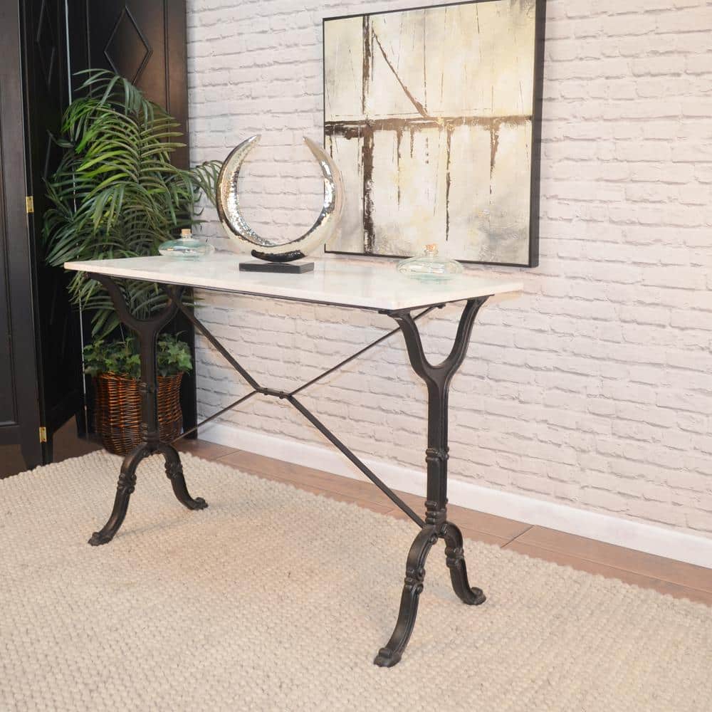 Vera Traditional Black Metal Console Table with White Marble Top