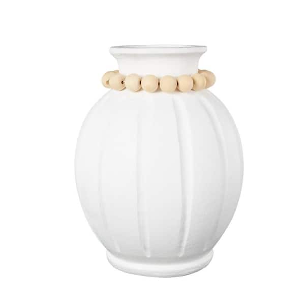 Litton Lane 15 in. White Magnesium Oxide Ceramic Urn Decorative Vase with Light Brown Beads and Carved Grooves