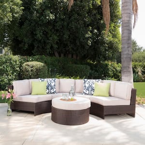 Brown 5-Piece Faux Rattan Outdoor Patio Sectional and Ottoman Set with Textured Beige Cushions