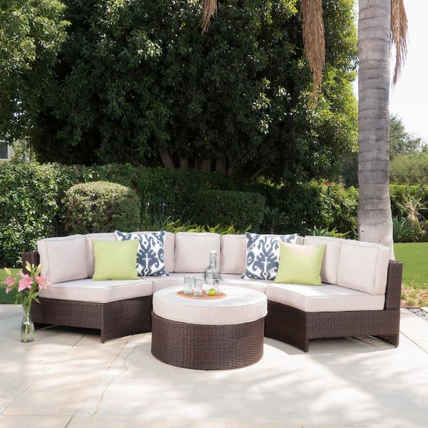 Noble House Brown 5-Piece Faux Rattan Outdoor Patio Sectional and Ottoman Set with Textured Beige Cushions
