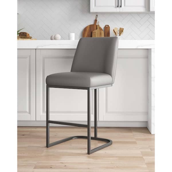 Manhattan Comfort Serena 26.37 in. Modern Grey Metal Counter Stool with Faux Leather Upholstered Seat