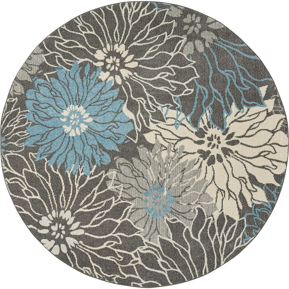 Gray Polypropylene 4 ft. x 4 ft. Round Floral Indoor Area Rug