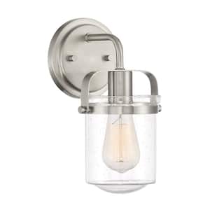 Jaxon 6 in. 1-Light Brushed Nickel Industrial Wall Sconce with Clear Glass Shade
