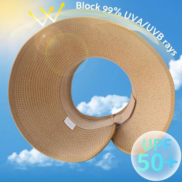 Straw Sun Visor Hat Packable Ponytail Wide Brim Beach Hat Adjustable UV jiaxiM Sun Hats for Women Uv Protection, Straw Beach Hat  main image 4