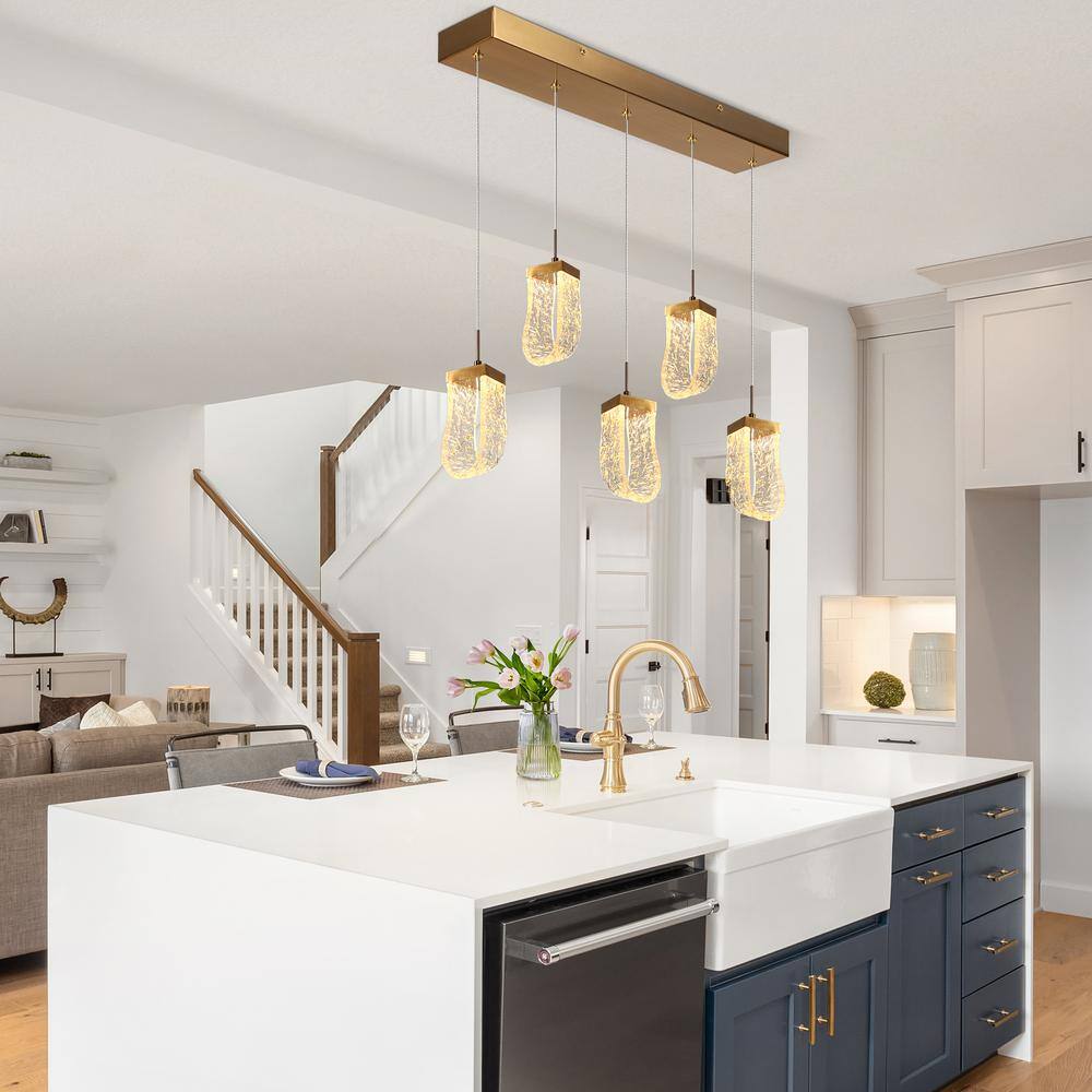 Aeyilana Brass and Crystal 5-Light LED Kitchen Island Pendant